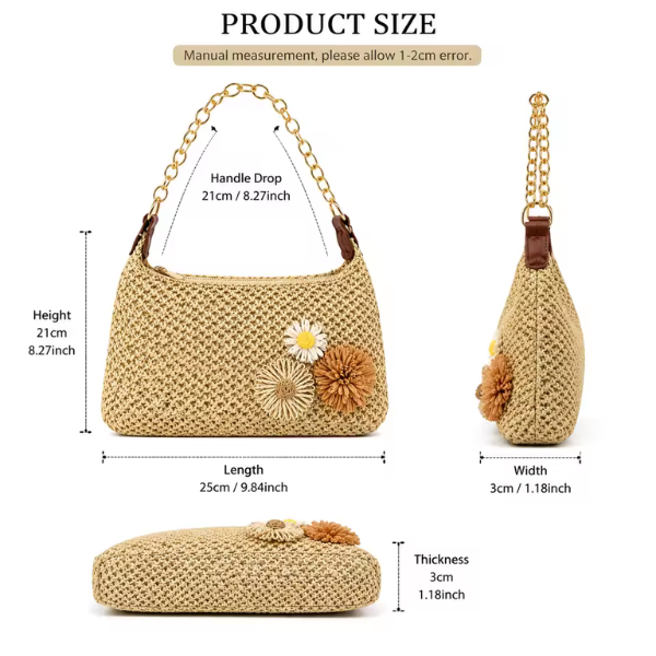 Fleur Woven Straw Baguette Bag — Gold Chain Shoulder Bag with Flower Detail
