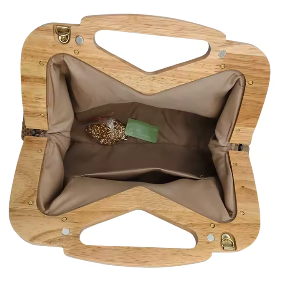 Remi Half Straw Half Leather Frame Bag — Wood Handle & Gold Chain Crossbody Handbag in Tan