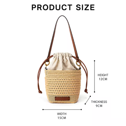 Isla Woven Straw Bucket Bag — Drawstring Shoulder & Crossbody Handbag