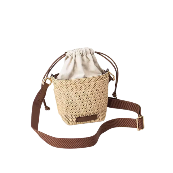 Isla Woven Straw Bucket Bag — Drawstring Shoulder & Crossbody Handbag