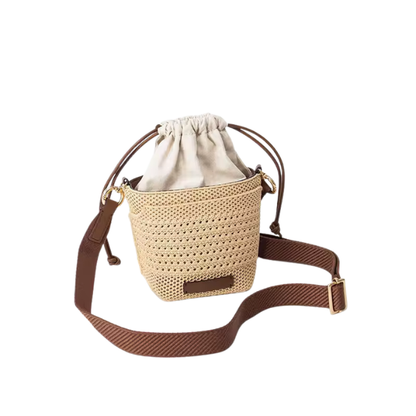 Isla Woven Straw Bucket Bag — Drawstring Shoulder & Crossbody Handbag
