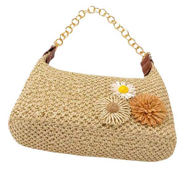 Fleur Woven Straw Baguette Bag — Gold Chain Shoulder Bag with Flower Detail