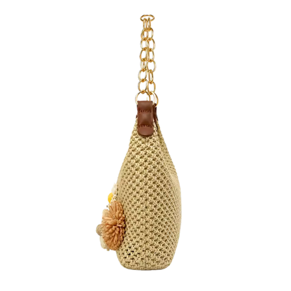Fleur Woven Straw Baguette Bag — Gold Chain Shoulder Bag with Flower Detail