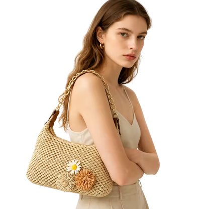 Fleur Woven Straw Baguette Bag — Gold Chain Shoulder Bag with Flower Detail