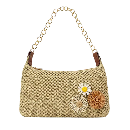 Fleur Woven Straw Baguette Bag — Gold Chain Shoulder Bag with Flower Detail