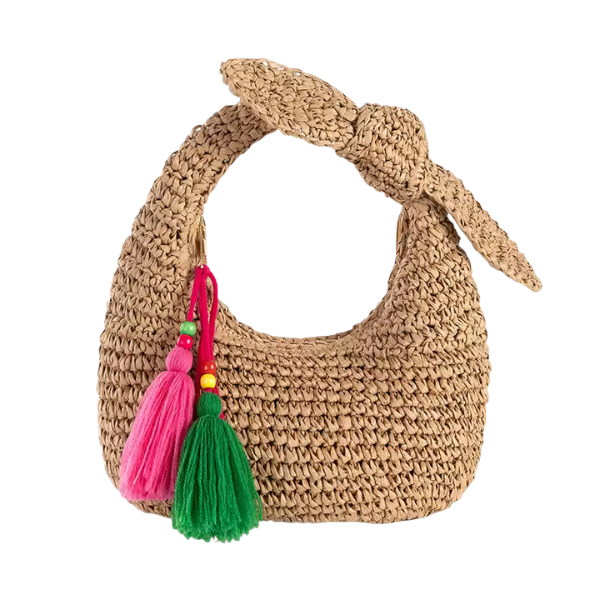 Tulum Woven Straw Crescent Bag — Bow Handle Hobo Shoulder Bag with Tassel Charm