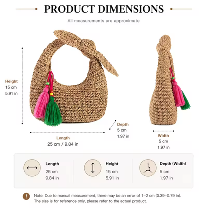 Tulum Woven Straw Crescent Bag — Bow Handle Hobo Shoulder Bag with Tassel Charm