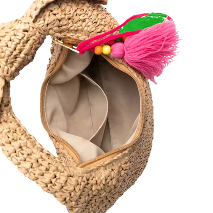 Tulum Woven Straw Crescent Bag — Bow Handle Hobo Shoulder Bag with Tassel Charm