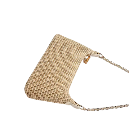 Sable Woven Straw Shoulder Bag — Dual Chain & Leather Strap Crossbody Handbag