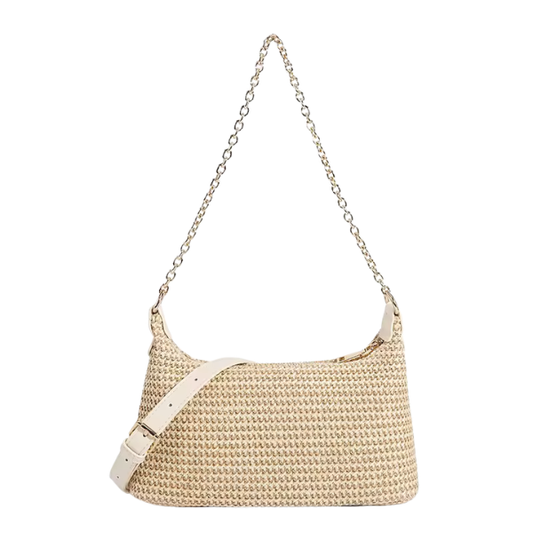 Sable Woven Straw Shoulder Bag — Dual Chain & Leather Strap Crossbody Handbag