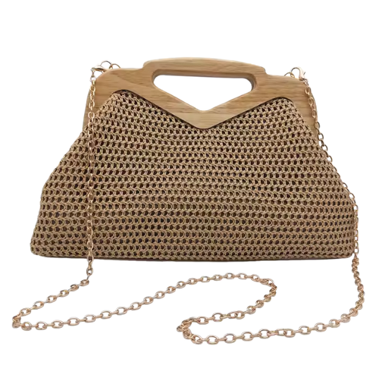 Remi Half Straw Half Leather Frame Bag — Wood Handle & Gold Chain Crossbody Handbag in Tan