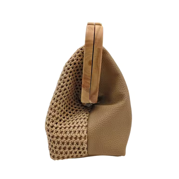 Remi Half Straw Half Leather Frame Bag — Wood Handle & Gold Chain Crossbody Handbag in Tan
