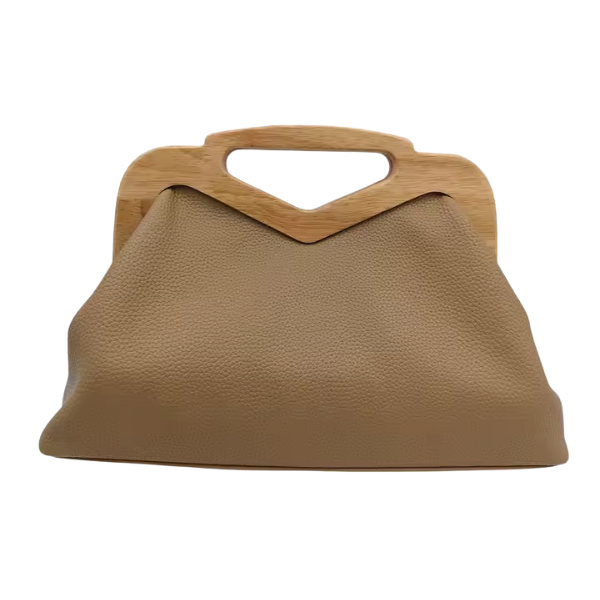 Remi Half Straw Half Leather Frame Bag — Wood Handle & Gold Chain Crossbody Handbag in Tan