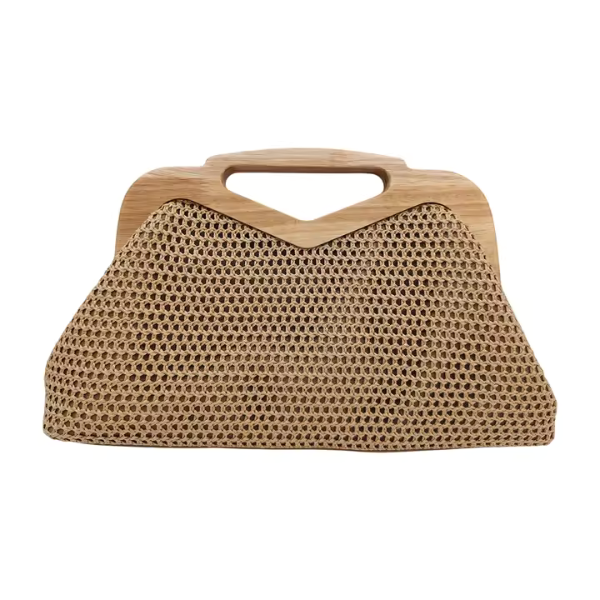 Remi Half Straw Half Leather Frame Bag — Wood Handle & Gold Chain Crossbody Handbag in Tan