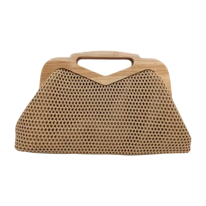Remi Half Straw Half Leather Frame Bag — Wood Handle & Gold Chain Crossbody Handbag in Tan