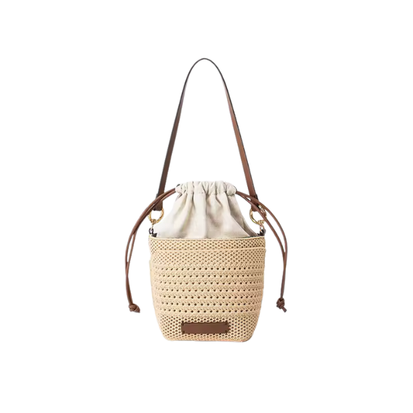 Isla Woven Straw Bucket Bag — Drawstring Shoulder & Crossbody Handbag