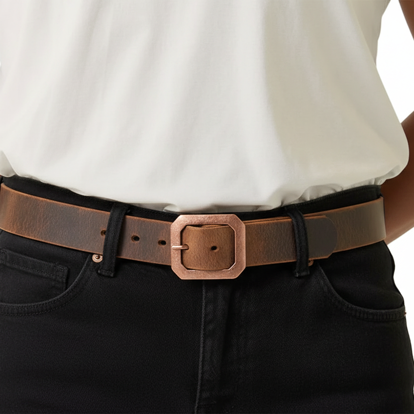 CREST LEATHER BELT – DARK BROWN