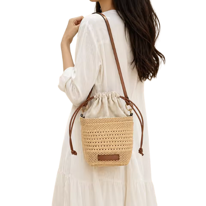 Isla Woven Straw Bucket Bag — Drawstring Shoulder & Crossbody Handbag