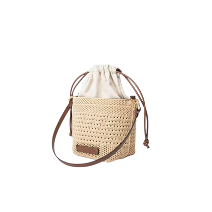Isla Woven Straw Bucket Bag — Drawstring Shoulder & Crossbody Handbag